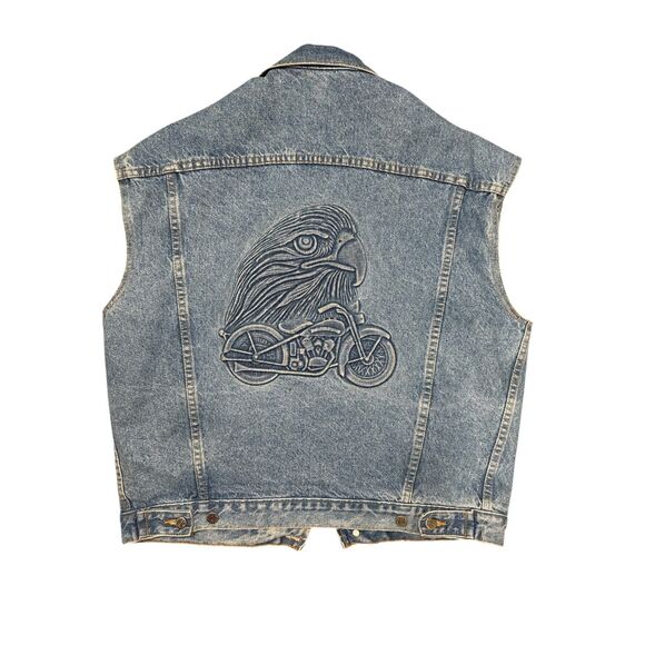 Embossed Motorcycle Eagle Blue Denim Vintage Jean Jacket Tyca USA Union Made L - Picture 2 of 5